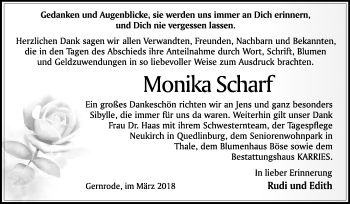 Traueranzeige von Monika Scharf von Mitteldeutsche Zeitung Quedlinburg