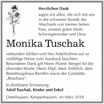 Traueranzeige von Monika Tuschak von Super Sonntag SGH Mansf. Land