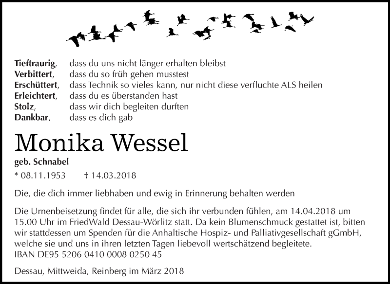  Traueranzeige für Monika Wessel vom 31.03.2018 aus WVG - Wochenspiegel Dessau / Köthen