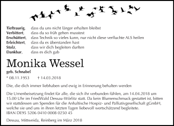 Traueranzeige von Monika Wessel von WVG - Wochenspiegel Dessau / Köthen