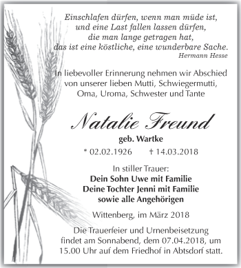 Traueranzeige von Natalie Freund von WVG - Wochenspiegel Wittenberg