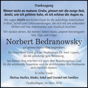 Traueranzeige von Norbert Bedranowsky von WVG - Wochenspiegel Dessau / Köthen