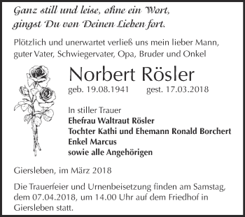 Traueranzeige von Norbert Rösler von Super Sonntag Aschersleben