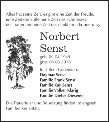 Traueranzeige von Norbert Senst von WVG - Wochenspiegel Wittenberg