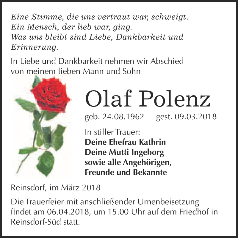  Traueranzeige für Olaf Polenz vom 24.03.2018 aus Super Sonntag Wittenberg