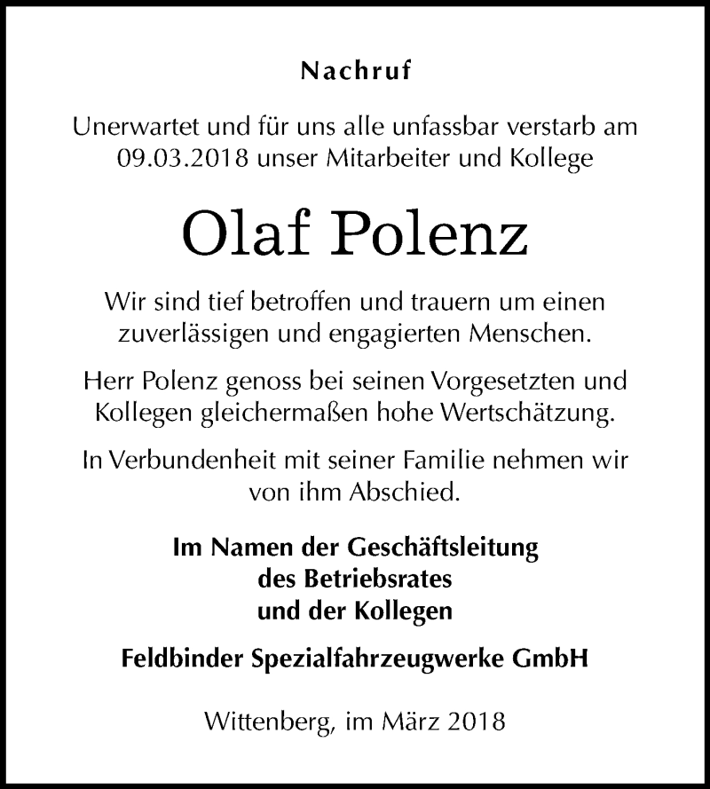  Traueranzeige für Olaf Polenz vom 31.03.2018 aus Mitteldeutsche Zeitung
