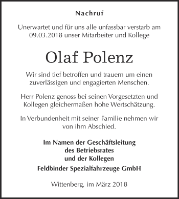 Traueranzeige von Olaf Polenz von WVG - Wochenspiegel Wittenberg