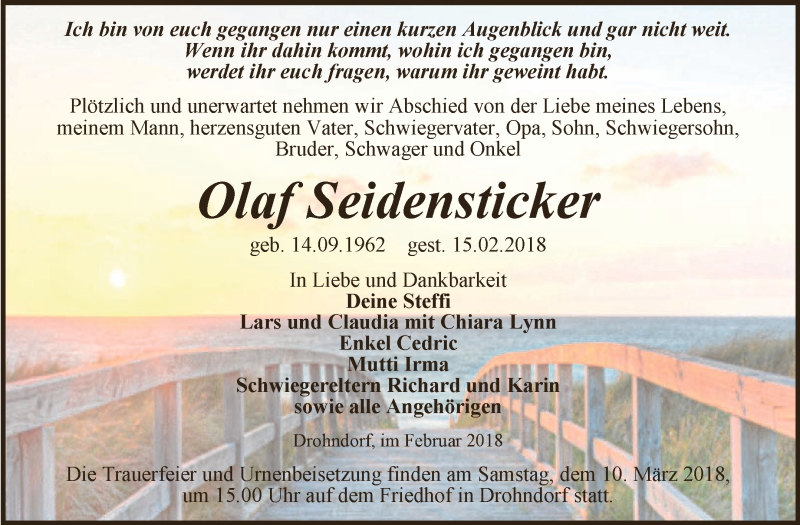  Traueranzeige für Olaf Seidensticker vom 03.03.2018 aus Super Sonntag Aschersleben