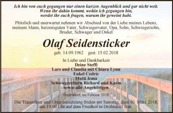Traueranzeige von Olaf Seidensticker von Super Sonntag Aschersleben