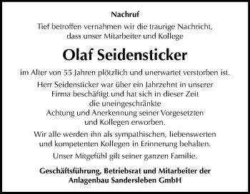 Traueranzeige von Olaf Seidensticker von Mitteldeutsche Zeitung