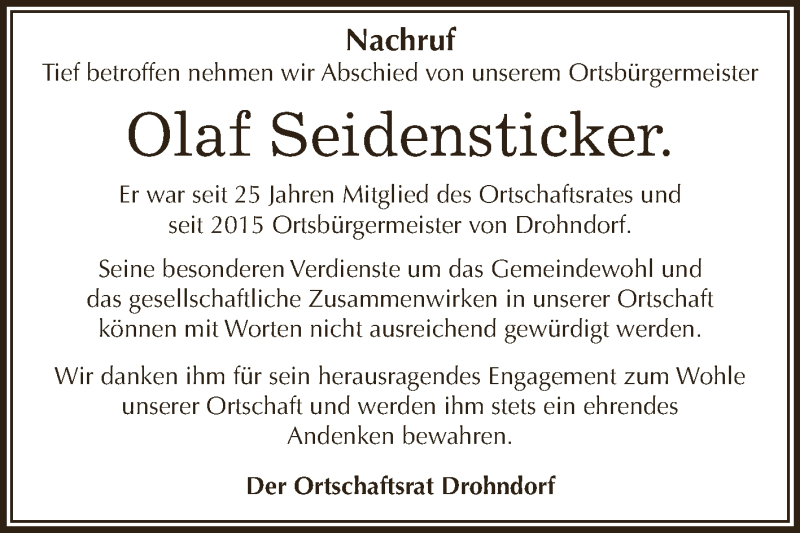  Traueranzeige für Olaf Seidensticker vom 03.03.2018 aus Super Sonntag Aschersleben