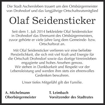 Traueranzeige von Olaf Seidensticker von Super Sonntag Aschersleben