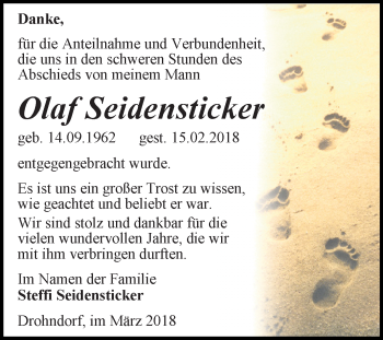 Traueranzeige von Olaf Seidensticker von Super Sonntag Aschersleben