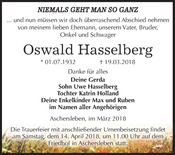 Traueranzeige von Oswald Hasselberg von Mitteldeutsche Zeitung Aschersleben