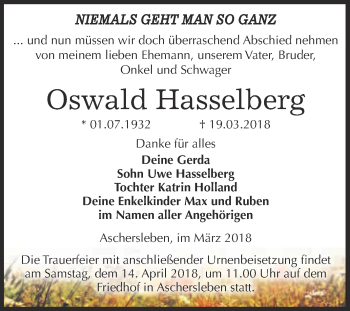 Traueranzeige von Oswald Hasselberg von Super Sonntag Aschersleben