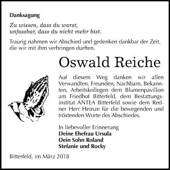Traueranzeige von Oswald Reiche von WVG - Wochenspiegel Bitterfeld