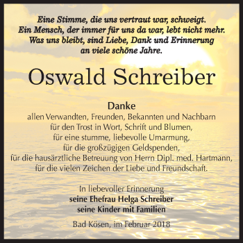 Traueranzeige von Oswald Schreiber von Mitteldeutsche Zeitung Weißenfels