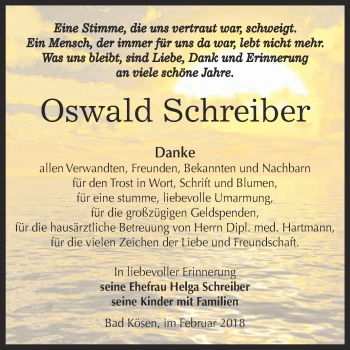 Traueranzeige von Oswald Schreiber von WVG - Wochenspiegel NMB / WSF / ZTZ