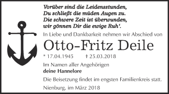 Traueranzeige von Otto-Fritz Deile von Super Sonntag Bernburg