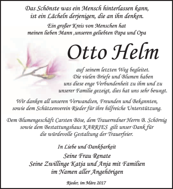 Traueranzeige von Otto Helm von WVG - Wochenspiegel Quedlinburg