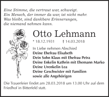 Traueranzeige von Otto Lehmann von WVG - Wochenspiegel Bitterfeld