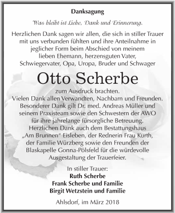 Traueranzeige von Otto Scherbe von Wochenspiegel Mansfelder Land