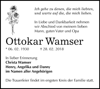 Traueranzeige von Ottokar Wamser von Mitteldeutsche Zeitung Halle/Saalkreis