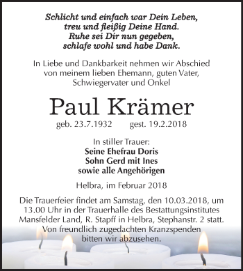 Traueranzeige von Paul Krämer von Mitteldeutsche Zeitung