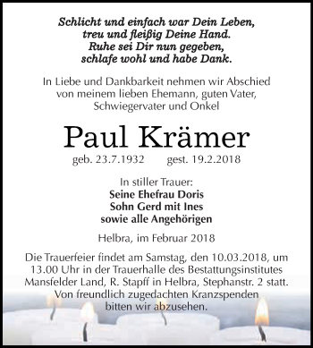 Traueranzeige von Paul Krämer von Wochenspiegel Mansfelder Land