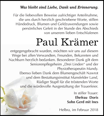 Traueranzeige von Paul Krämer von Wochenspiegel Mansfelder Land