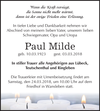 Traueranzeige von Paul Milde von Mitteldeutsche Zeitung