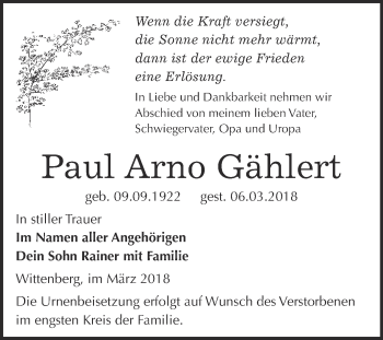Traueranzeige von Paul Arno Gählert von WVG - Wochenspiegel Wittenberg