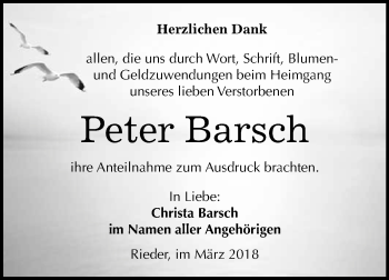 Traueranzeige von Peter Barsch von WVG - Wochenspiegel Quedlinburg