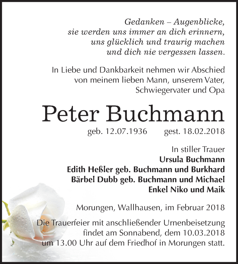  Traueranzeige für Peter Buchmann vom 03.03.2018 aus Mitteldeutsche Zeitung Sangerhausen
