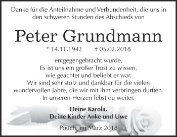 Traueranzeige von Peter Grundmann von WVG - Wochenspiegel Bitterfeld