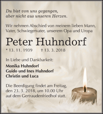 Traueranzeige von Peter Huhndorf von Mitteldeutsche Zeitung Halle/Saalkreis