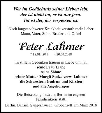 Traueranzeige von Peter Lahmer von Mitteldeutsche Zeitung Sangerhausen