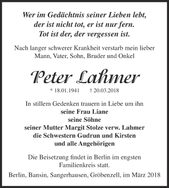 Traueranzeige von Peter Lahmer von Super Sonntag SGH Mansf. Land
