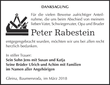 Traueranzeige von Peter Rabestein von WVG - Wochenspiegel NMB / WSF / ZTZ