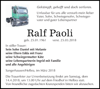 Traueranzeige von Ralf Paoli von Super Sonntag SGH Mansf. Land
