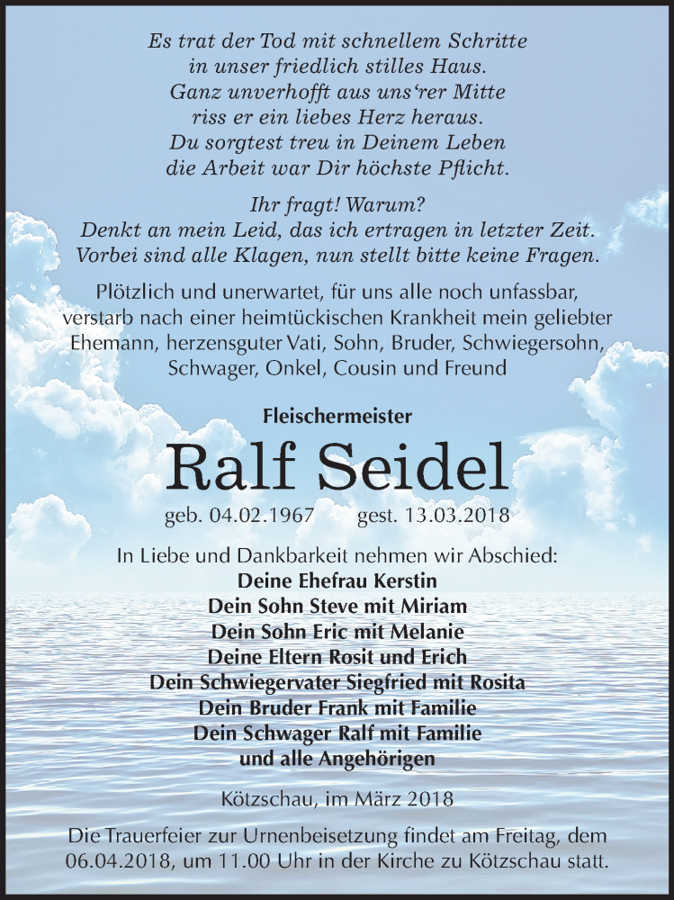  Traueranzeige für Ralf Seidel vom 23.03.2018 aus Mitteldeutsche Zeitung Merseburg/Querfurt