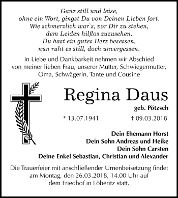 Traueranzeige von Regina Daus von Mitteldeutsche Zeitung Bitterfeld