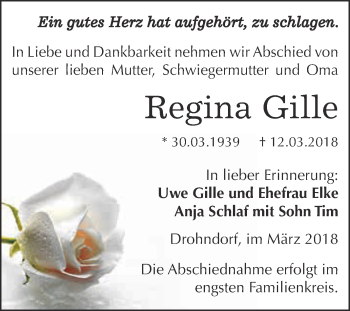 Traueranzeige von Regina Gille von Super Sonntag Aschersleben