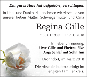 Traueranzeige von Regina Gille von Mitteldeutsche Zeitung Aschersleben