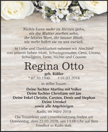 Traueranzeige von Regina Otto von WVG - Wochenspiegel Wittenberg