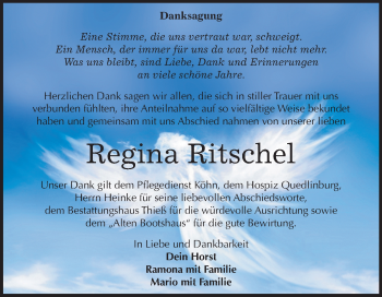 Traueranzeige von Regina Ritschel von Mitteldeutsche Zeitung Quedlinburg