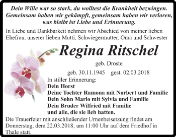 Traueranzeige von Regina Ritschel von Mitteldeutsche Zeitung Quedlinburg