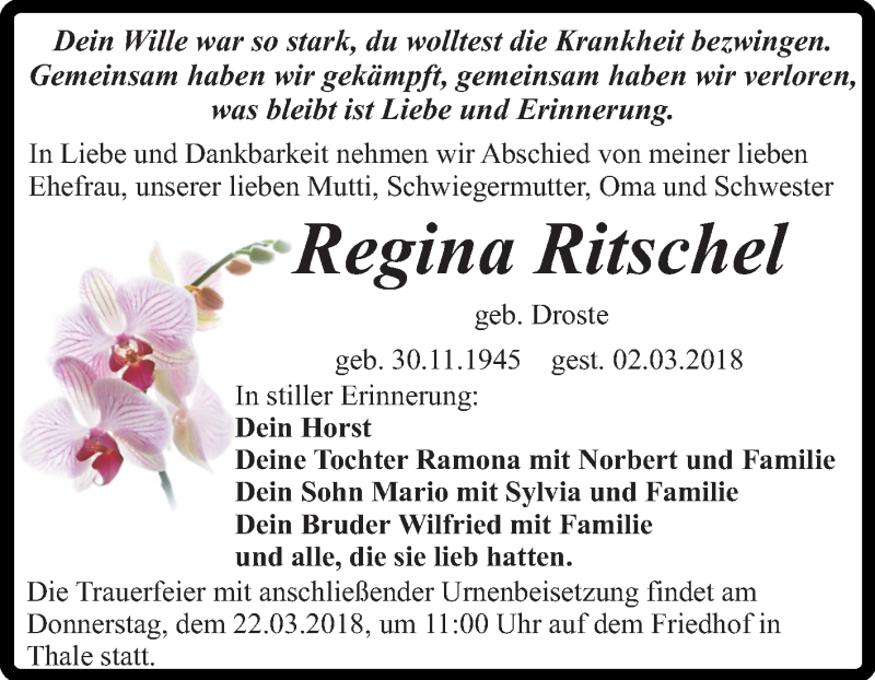  Traueranzeige für Regina Ritschel vom 10.03.2018 aus Mitteldeutsche Zeitung Quedlinburg