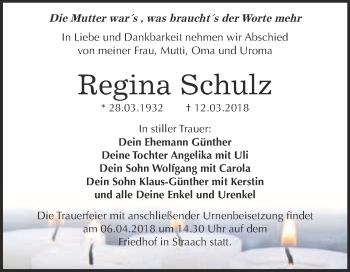 Traueranzeige von Regina Schulz von WVG - Wochenspiegel Wittenberg