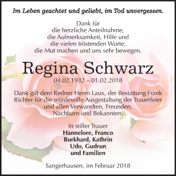 Traueranzeige von Regina Schwarz von Mitteldeutsche Zeitung